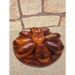 Vintage Hand Carved Wood Snack Serving Set Tray Bowls Mid Century Boho